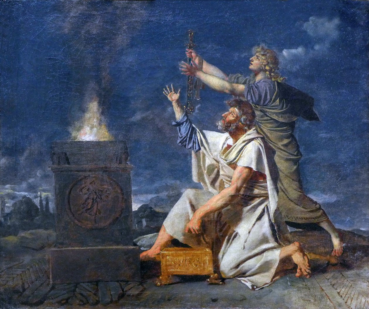 Um jovem guerreiro romano acompanhado pelo seu pai pede aos deuses o sucesso das suas armas, c.1780 (óleo sobre tela) de Jean Germain Drouais