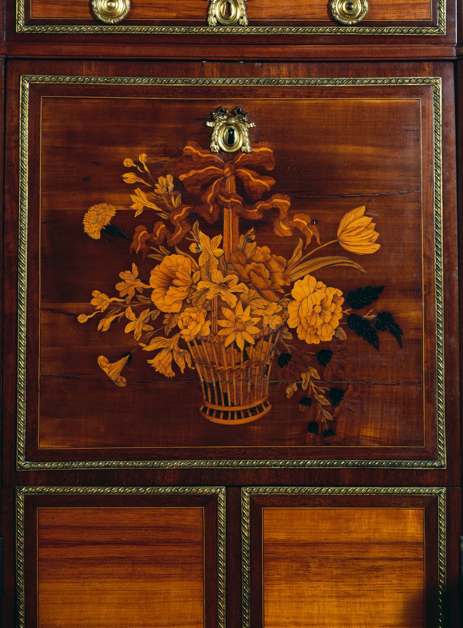 Cesto de flores, detalhe da incrustação em madeira de cetim estilo Luís XVI e escrivaninha de amaranto, assinada por Jean-Henri Riesener (1734-1806), França de Jean Henri Riesener
