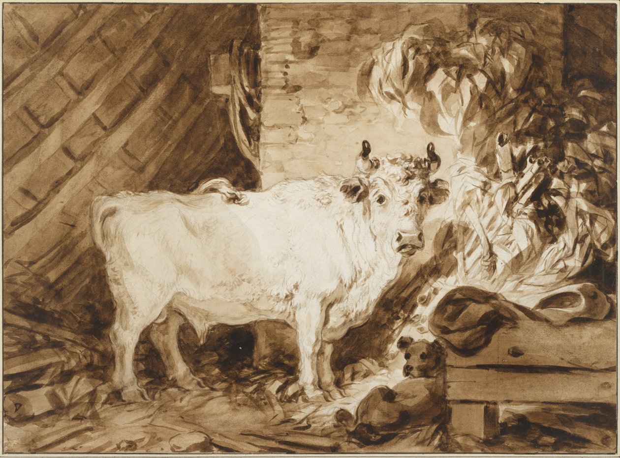 Touro branco e um cão em um estábulo de Jean Honore Fragonard