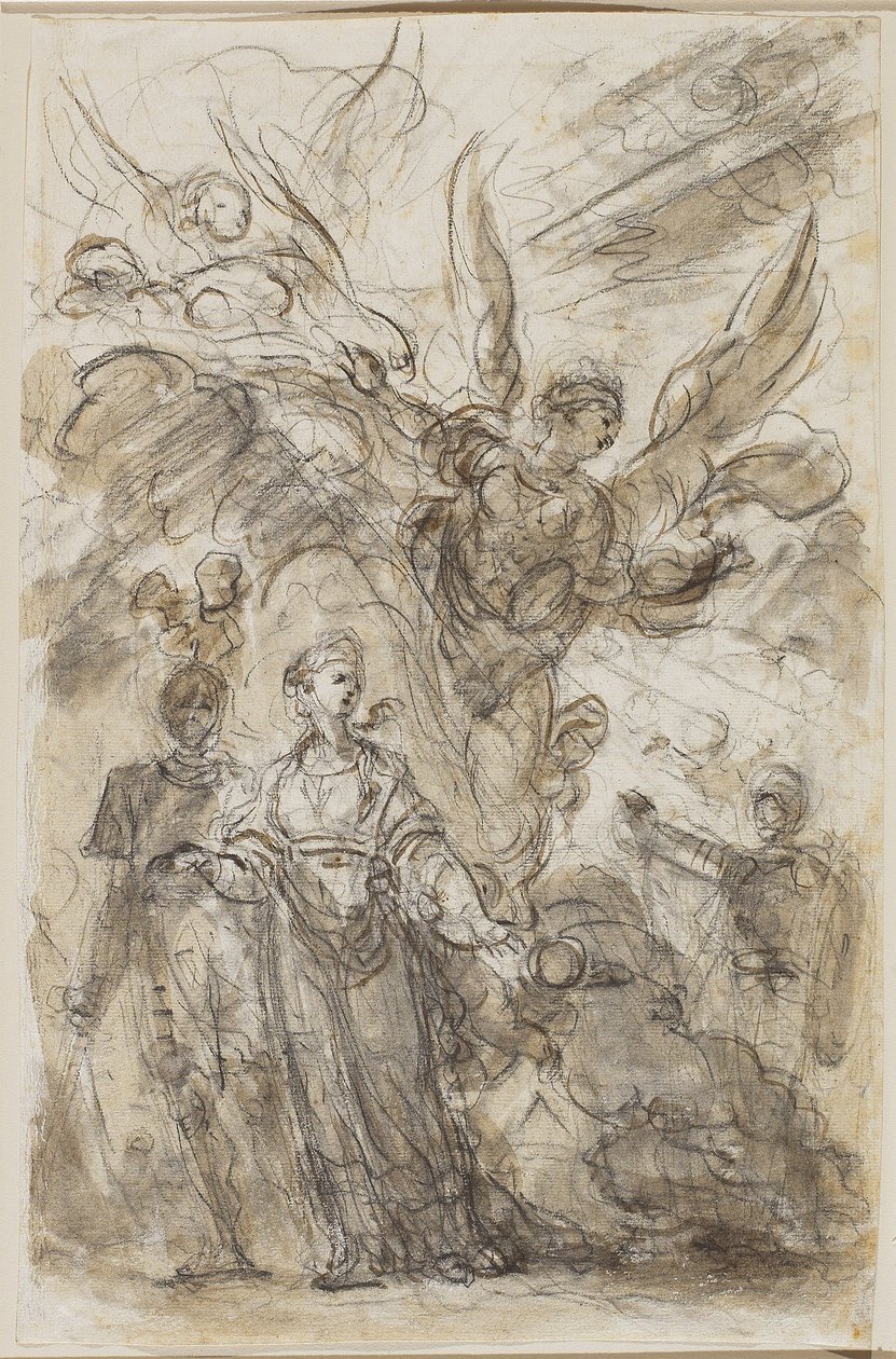 Charlemagne leva Angelica longe de Roland, c.1785 (giz preto e marrom lavar com traços de grafite sobre papel) de Jean Honore Fragonard