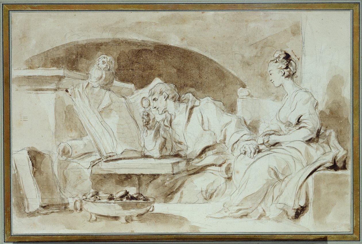 Mulher jovem, consultar, um, Necromancer, (sepia, lavagem, ligado, paper) de Jean Honore Fragonard