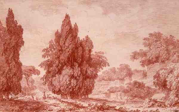 Vista de um Parque (giz vermelho sobre papel) de Jean Honore Fragonard