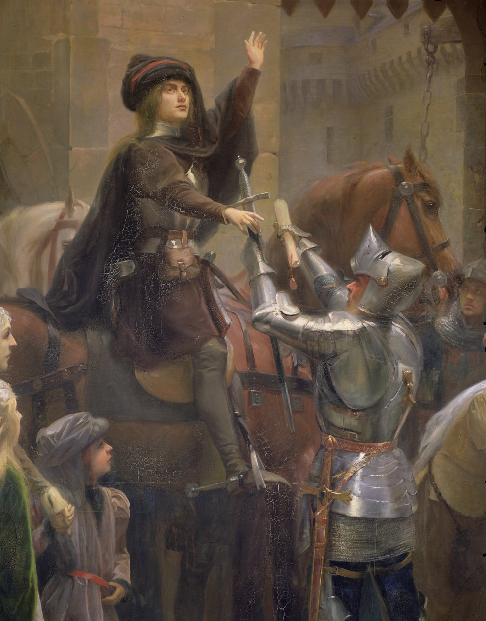 Joana d&39;Arc, deixando Vaucouleurs, 23 de fevereiro de 1429, detalhe de Baudricourt e Joana d&39;Arc, 1887 óleo sobre tela de Jean Jacques Scherrer