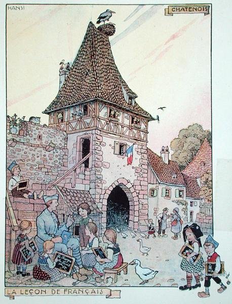 Um soldado francês ensinando francês a crianças alsacianas que se tornaram cidadãs francesas novamente, ilustração de 