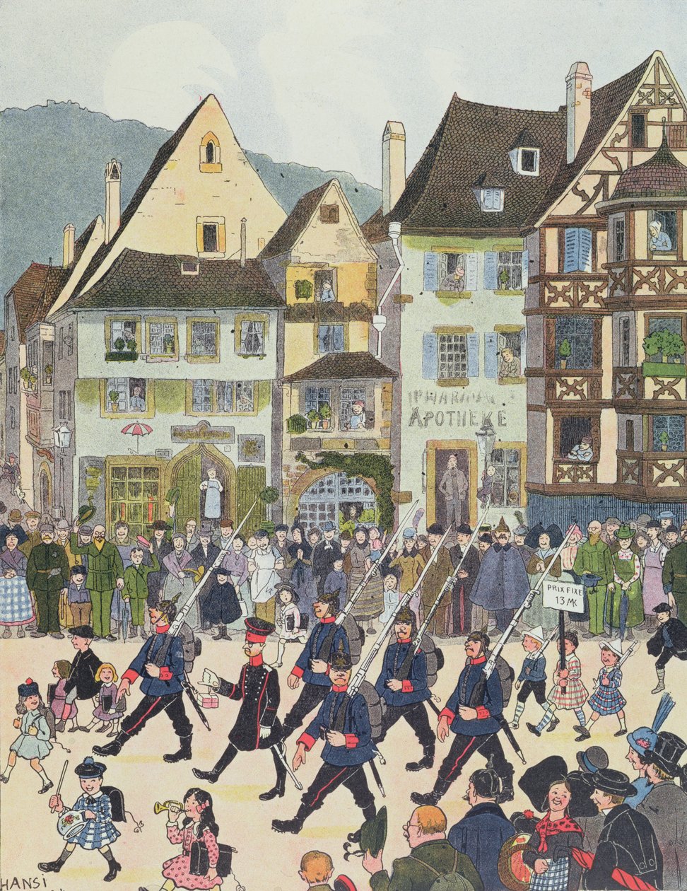 Herr Forstner deixando Saverne com os seus soldados depois de comprar algum chocolate em 1913, ilustração da 