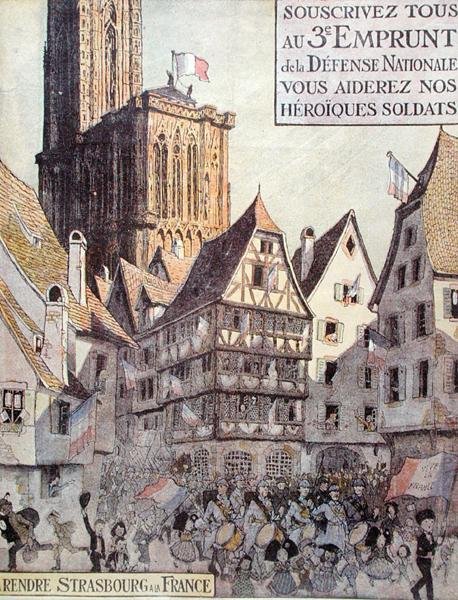 Cartaz publicitário do Terceiro Empréstimo Nacional de Defesa, emitido em auxílio da Alsácia, Primeira Guerra Mundial de Jean Jacques Waltz