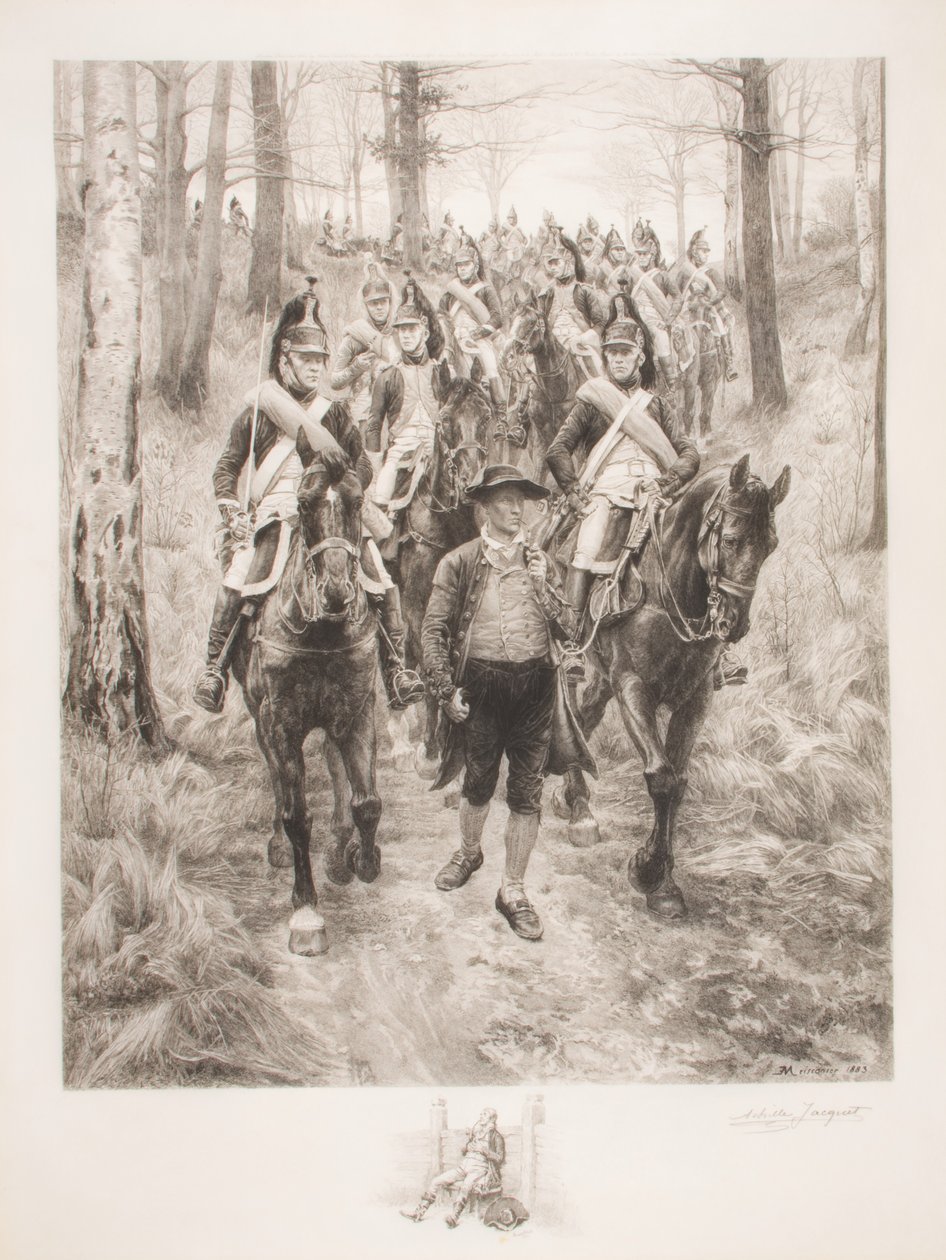 Cavalaria francesa viajando pela floresta com guia, gravada por Achilles Jacquet (1846-1908) de Jean Louis Ernest Meissonier