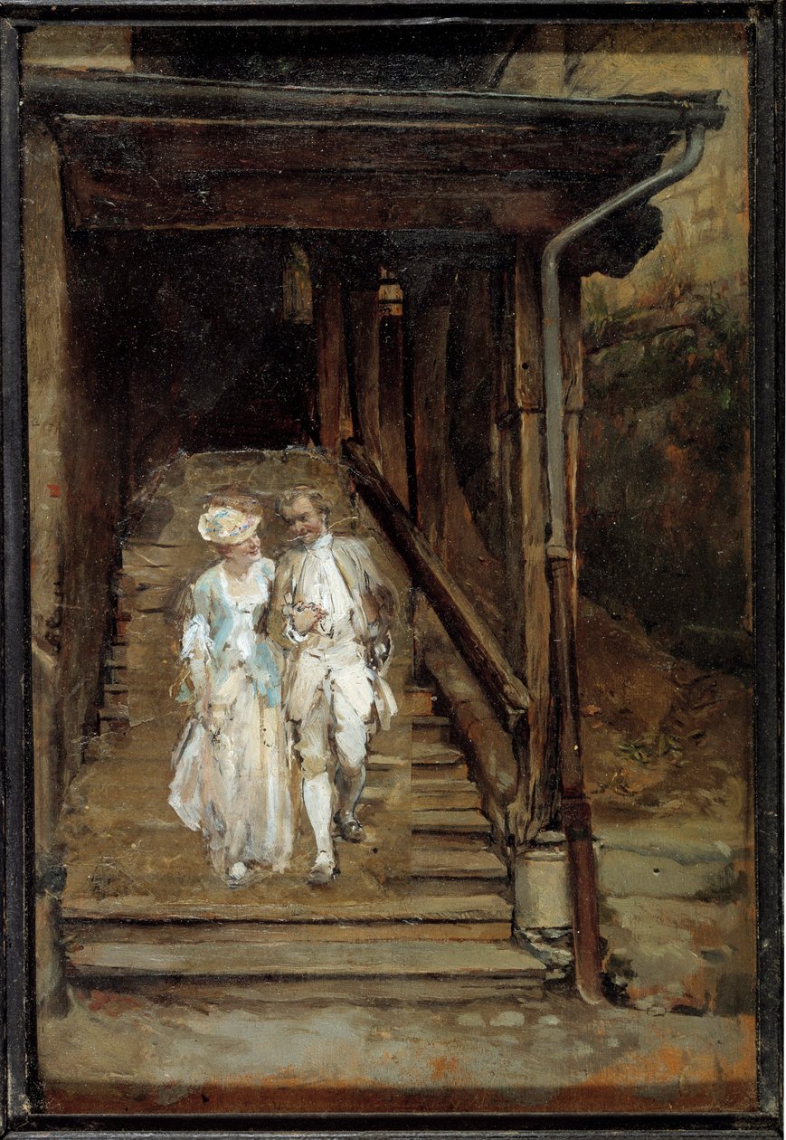 A escada de madeira da Catedral de Lausanne ou "O filósofo Jean Jacques Rousseau et madame de Warens" Pintura de Jean Louis Ernest Meissonier (1815-1891) Sol do século XIX. 0,2x0,14 m de Jean Louis Ernest Meissonier