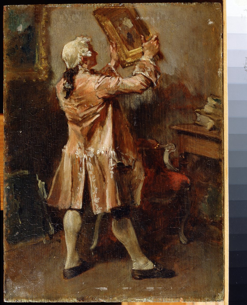 Um amante da pintura. (Um amante da pintura). Pintura de Ernest Jean Louis Meissonier (1815-1891). Óleo sobre madeira, Arte francesa. Museu Regional de Arte, Chernigov de Jean Louis Ernest Meissonier