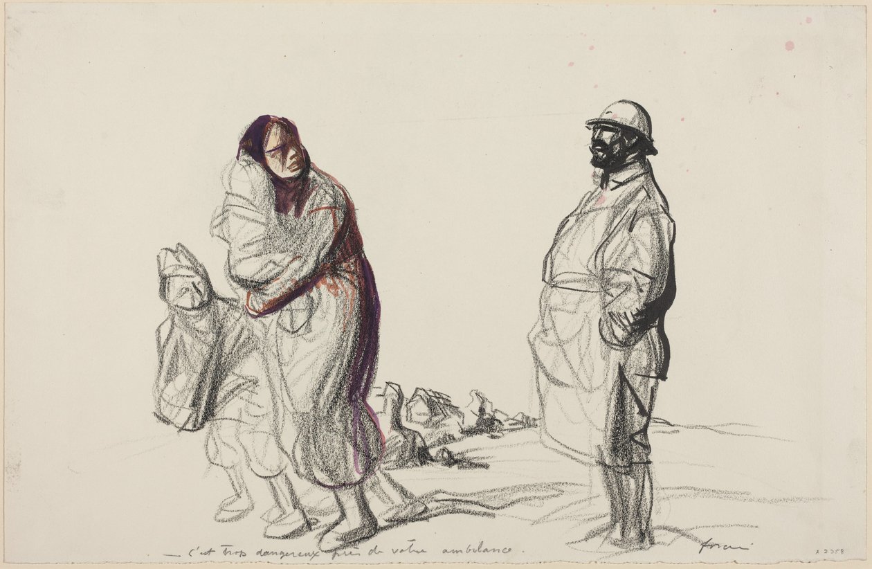 a) É demasiado perigoso perto da sua ambulância (recto); b) Estudo de mãe e crianças (verso) de Jean-Louis Forain