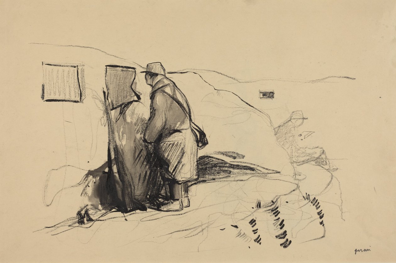 a) Nas Trincheiras (anverso); b) Esboço para «Nas Trincheiras» (verso) de Jean-Louis Forain