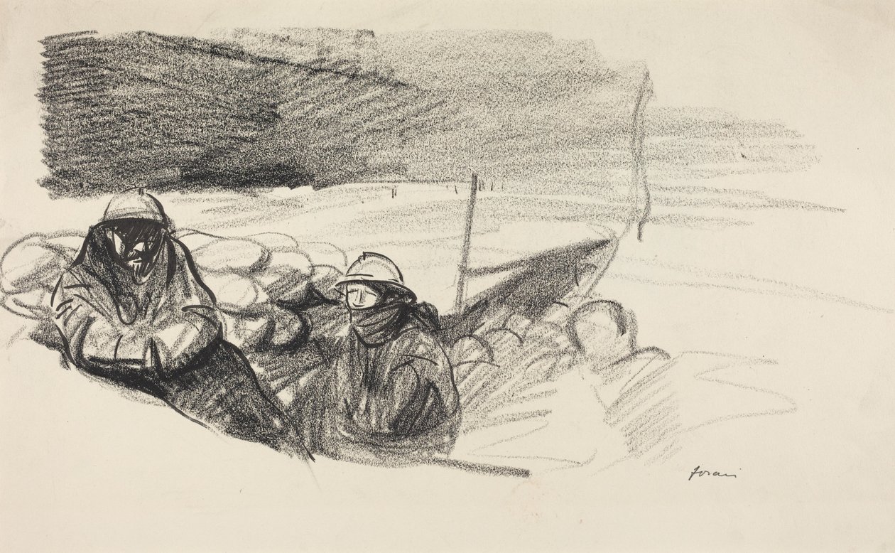a) Dois soldados numa trincheira (recto); b) Interior com figuras sentadas atrás de uma mesa (verso) de Jean-Louis Forain