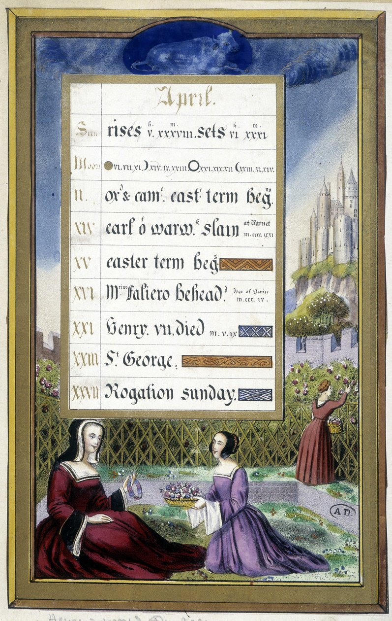 Abril: Senhoras num jardim (Taurus) - fac-símile das Horas de Ana de Bretanha, de Jean Bourdichon de Jean (after) Bourdichon