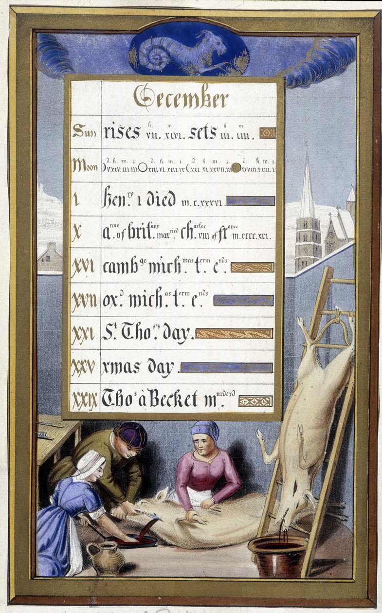 Dezembro e sinal de Capricórnio: matamos o porco - Facsimile of the Hours of Anne of Brittany de Jean Bourdichon de Jean (after) Bourdichon