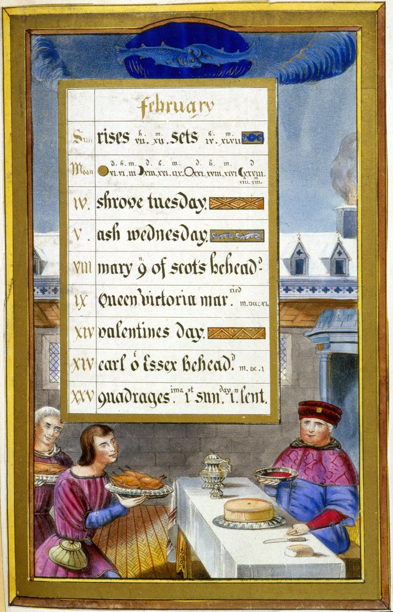 Fevereiro: Meal Scene (Fish) - facsimile of the Hours of Anne of Brittany, de Jean Bourdichon de Jean (after) Bourdichon