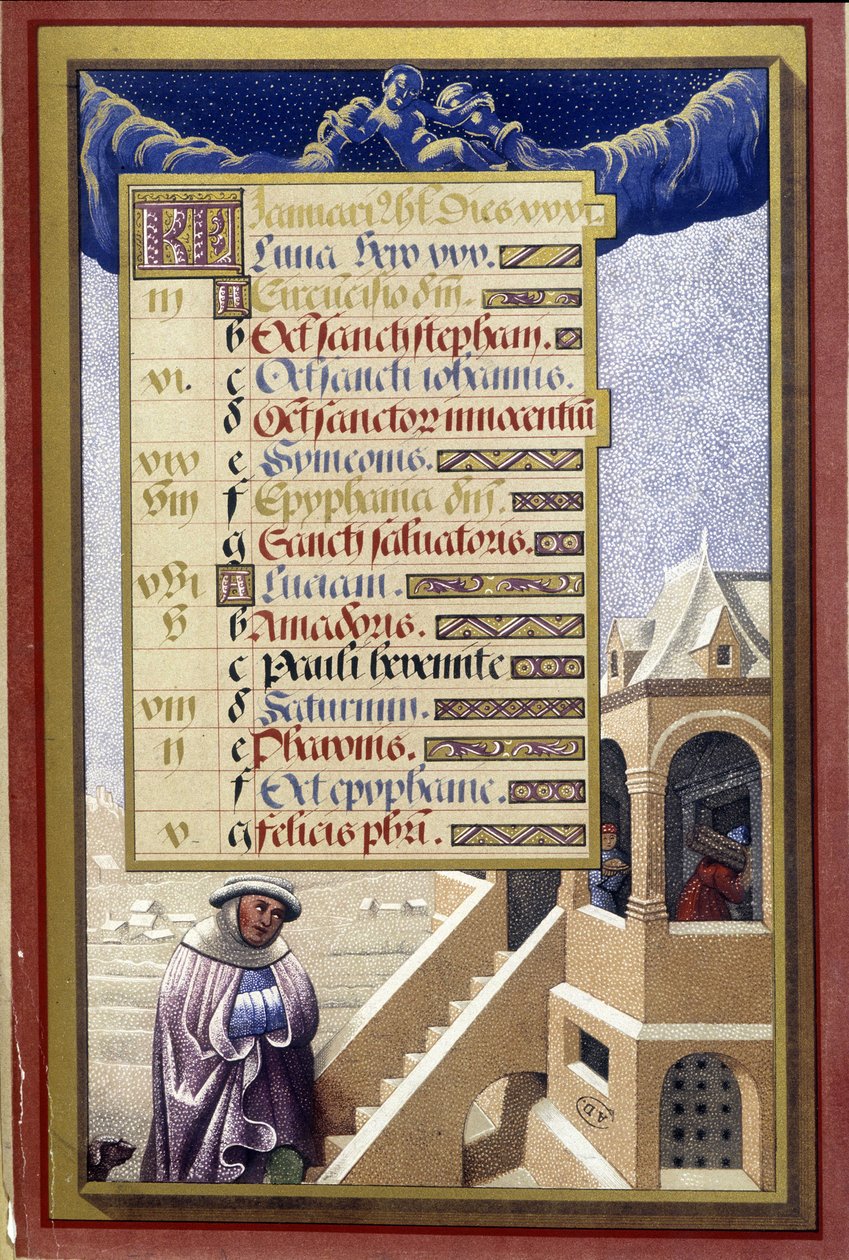 Janeiro: Casa no inverno (Aquarius) - fac-símile das Horas de Ana de Bretanha, de Jean Bourdichon de Jean (after) Bourdichon
