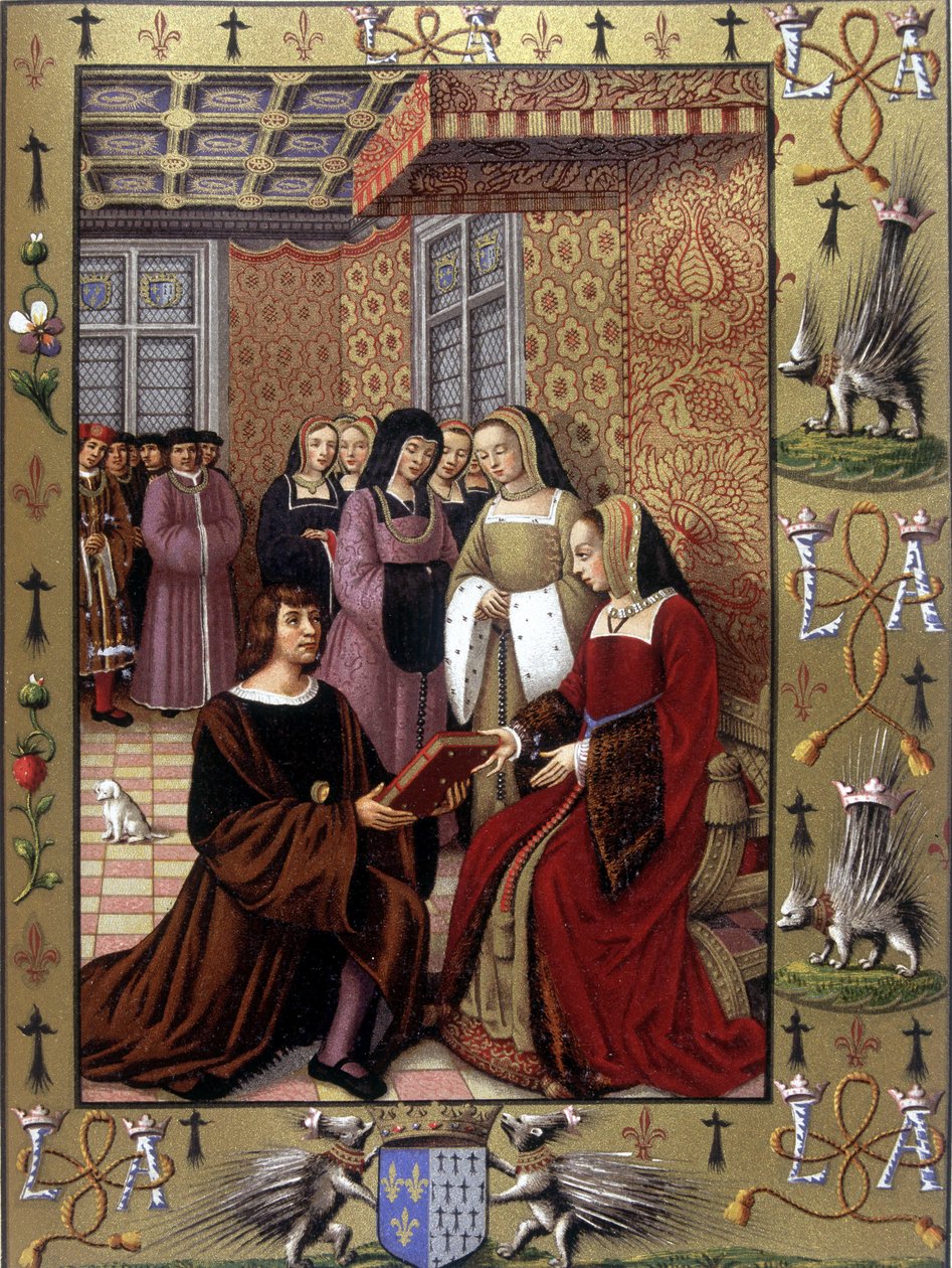Jean Marot oferecendo seu livro, Le Voyage de Genes, à Rainha Ana da Bretanha Depois de uma iluminação de Jean Bourdichon, cerca de 1508 de Jean (after) Bourdichon