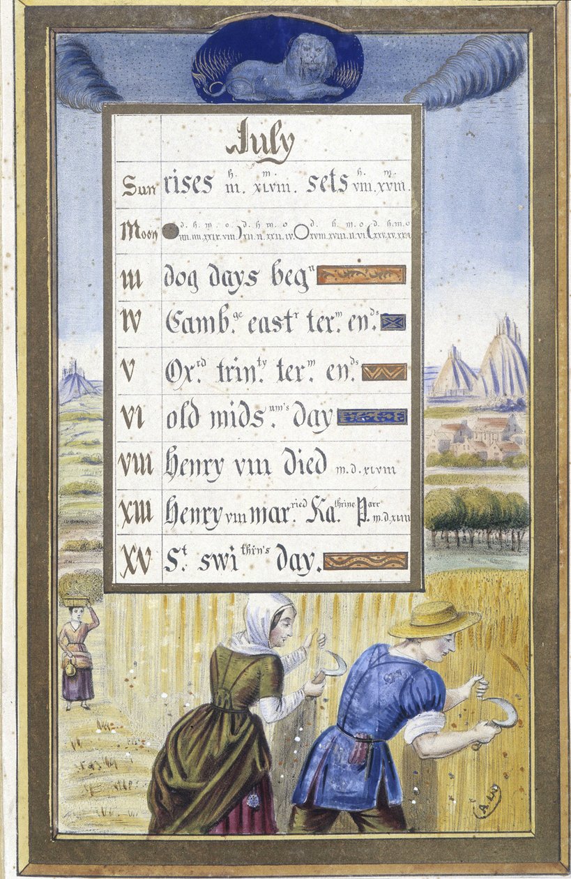 Julho: a colheita (Leão) - fac-símile das Horas de Ana de Bretanha, de Jean Bourdichon de Jean (after) Bourdichon