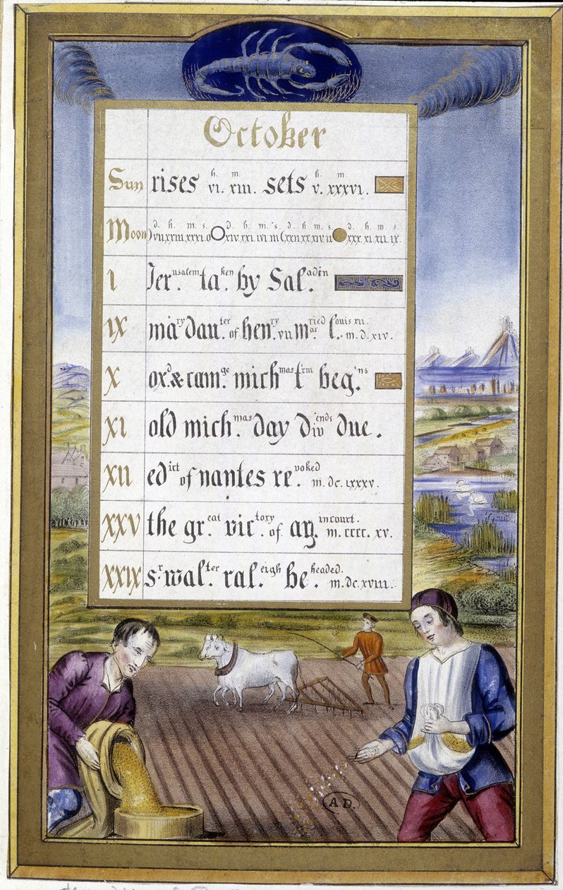 Outubro: lavoura e semeadura, sinal do escorpião - in "Livro de horas de Ana de Bretanha" de Jean Bourdichon de Jean (after) Bourdichon