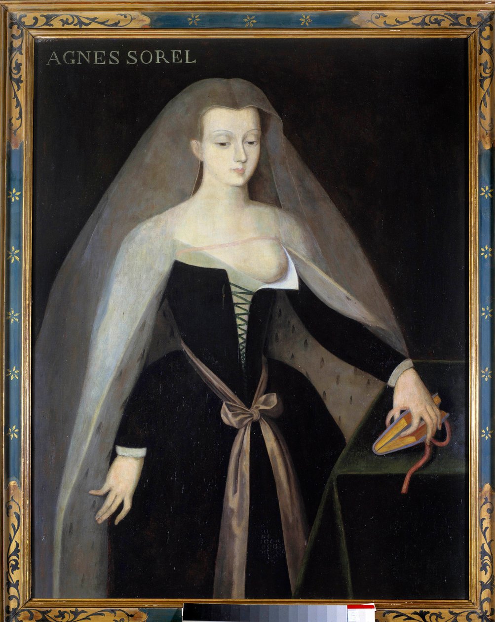 Retrato de Agnes Sorel (1422-1450) (Lady of Beaute sur Marne) (Beaute-sur-Marne), favorita do rei Carlos VII (1422-1461) Seu peito é desnudado. Pintura depois de Jean Fouquet do século XVI, Chateau royal de Loches - Retrato de Agnes Sorel (1422-1450) (lady de Jean (after) Fouquet