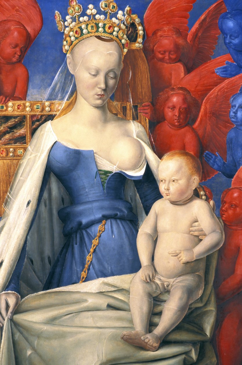 A Virgem Enfermeira com um casaco de ermineiros retratado como Agnes Sorel - detalhe - (depois da Virgem de Antuérpia, de Jean Fouquet, cerca de 1452-1455) de Jean (after) Fouquet