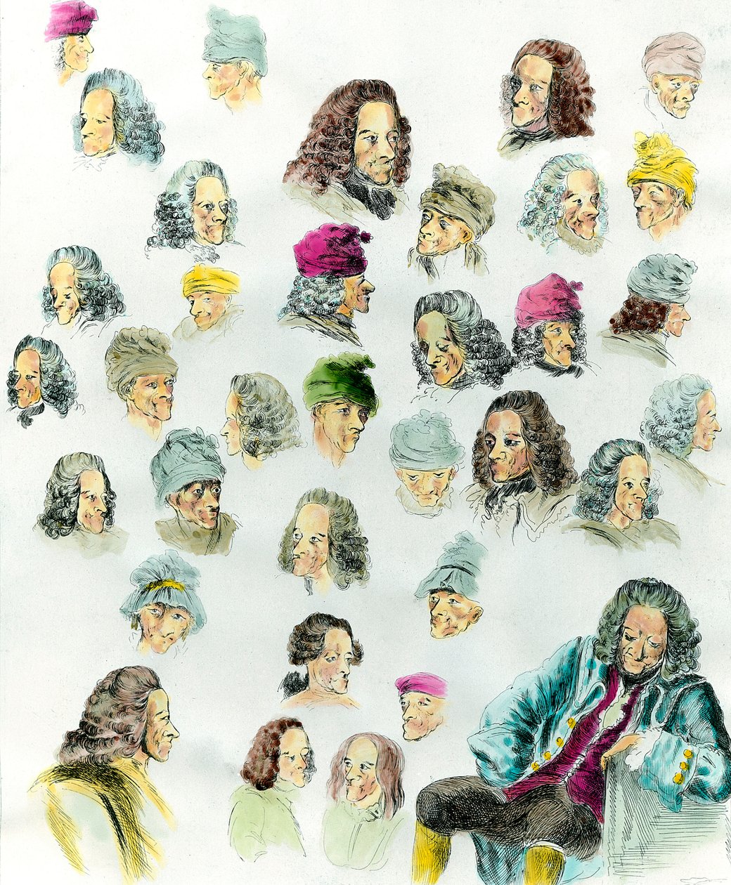 Diferentes expressões e penteados da escritora François Marie Arouet de Voltaire (1694-1778) feitos depois das pinturas de Jean Huber (1721-1786) Século XVIII de Jean (after) Huber