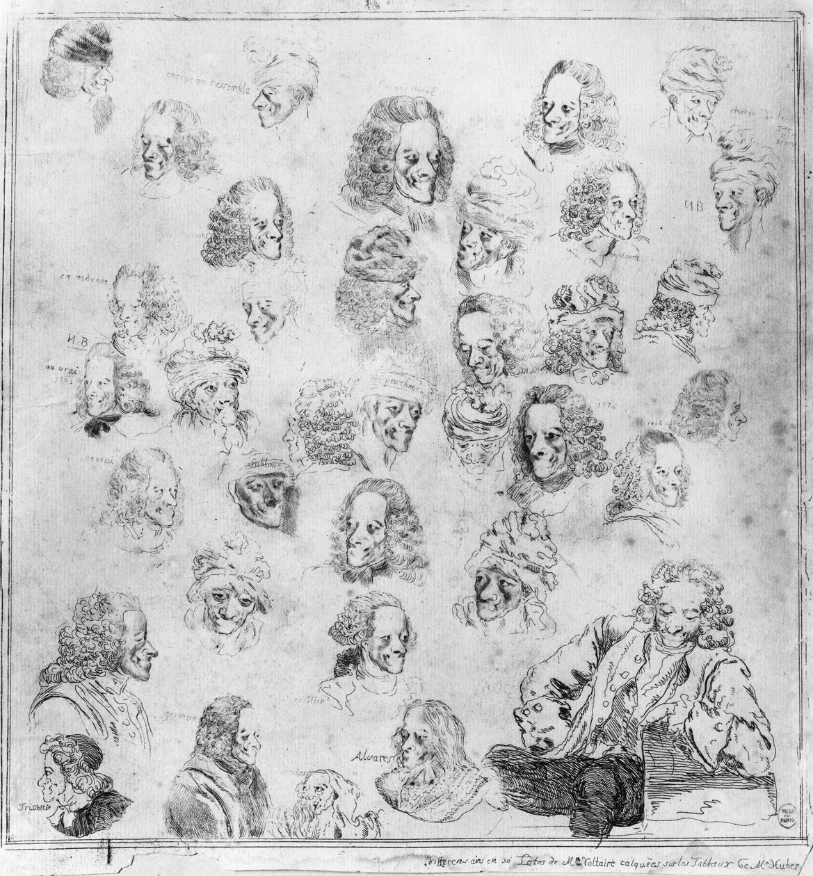 Músicas diferentes em 30 cabeças de Voltaire. Retratos de François Marie Arouet, dit Voltaire (1694-1778) "fisionomias diferentes de Voltaire". Água forte atribuída a Dominique Vivant-Denon (Vivant Denon) (1747-1825) depois de Jean Huber (1721-1786). Musee de Jean (after) Huber