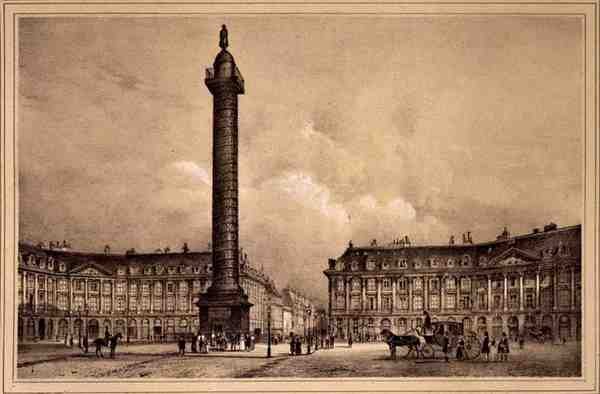 Vista da réplica da coluna de Trajano na Place Vendome, publicada por Auguste Bry (litho) de Jean (after) Jacottet