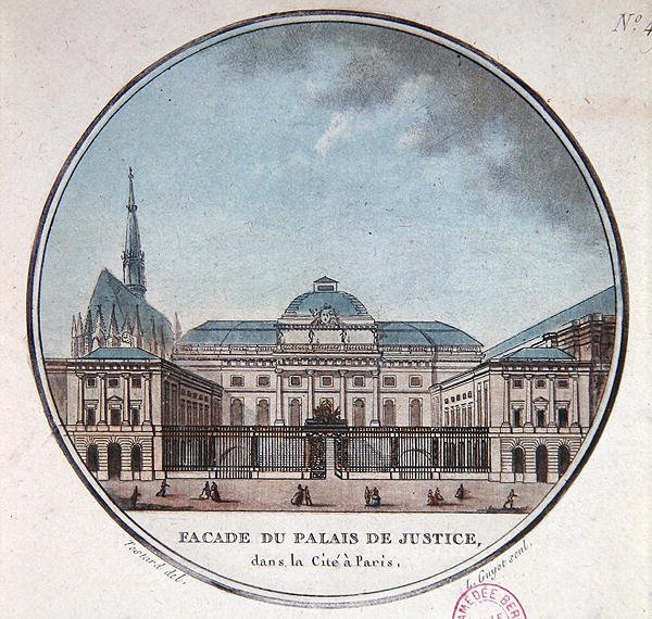 Fachada do Palais de Justice, c.1785 (cor litho) de Jean (after) Testard