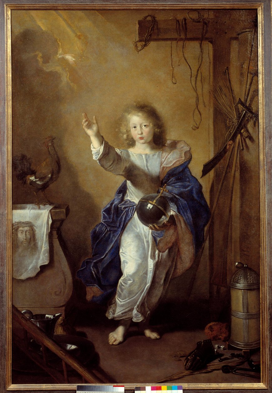 O Salvador do Mundo Representação do menino Jesus segurando em sua mão o globo terrestre e rodeando símbolos da Paixão e do Santo Sudário. Pintura atribuída a Jean Daret (1613/1615-1668) Sol. 1,64x1,1 m Caen, musee des Beaux Arts de Jean (attr. to) Daret