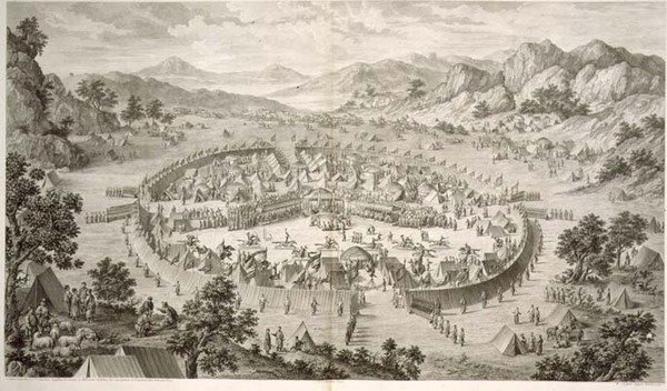 Tchao-Hoei ocupa suas tropas com Exercícios e Jogos Militares em 1758, placa 5 de uma série de gravuras representando as conquistas de Qianlong, o Imperador da China, gravadas por Pierre Philippe Choffard (1730-1809) 1772 (gravura) de Jean (d.1781) (after) Damascene