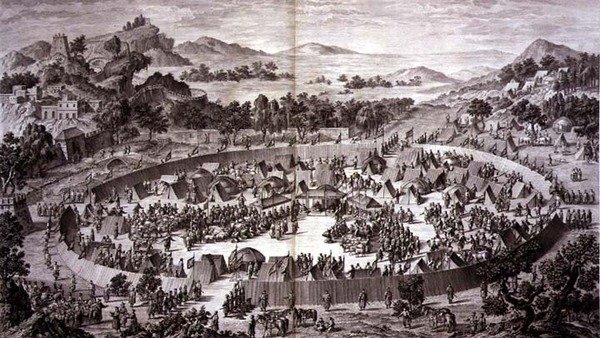 Tchao-Hoei em seu Acampamento abaixo das muralhas de Yerechim Recebe a Homenagem dos Habitantes da Cidade e Província em julho de 1759, placa 4 da série de gravuras representando as conquistas de Qianlong, o Imperador da China, gravada por Pierre Philippe  de Jean (d.1781) (after) Damascene
