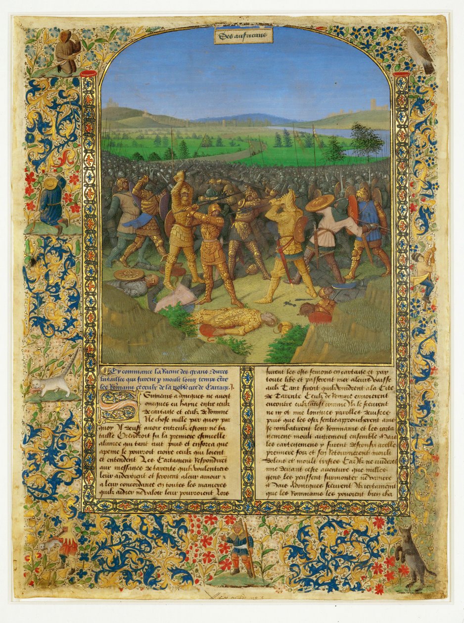 Batalha entre romanos e cartagineses, provavelmente a batalha de Cannae ... de Jean (style of) Fouquet