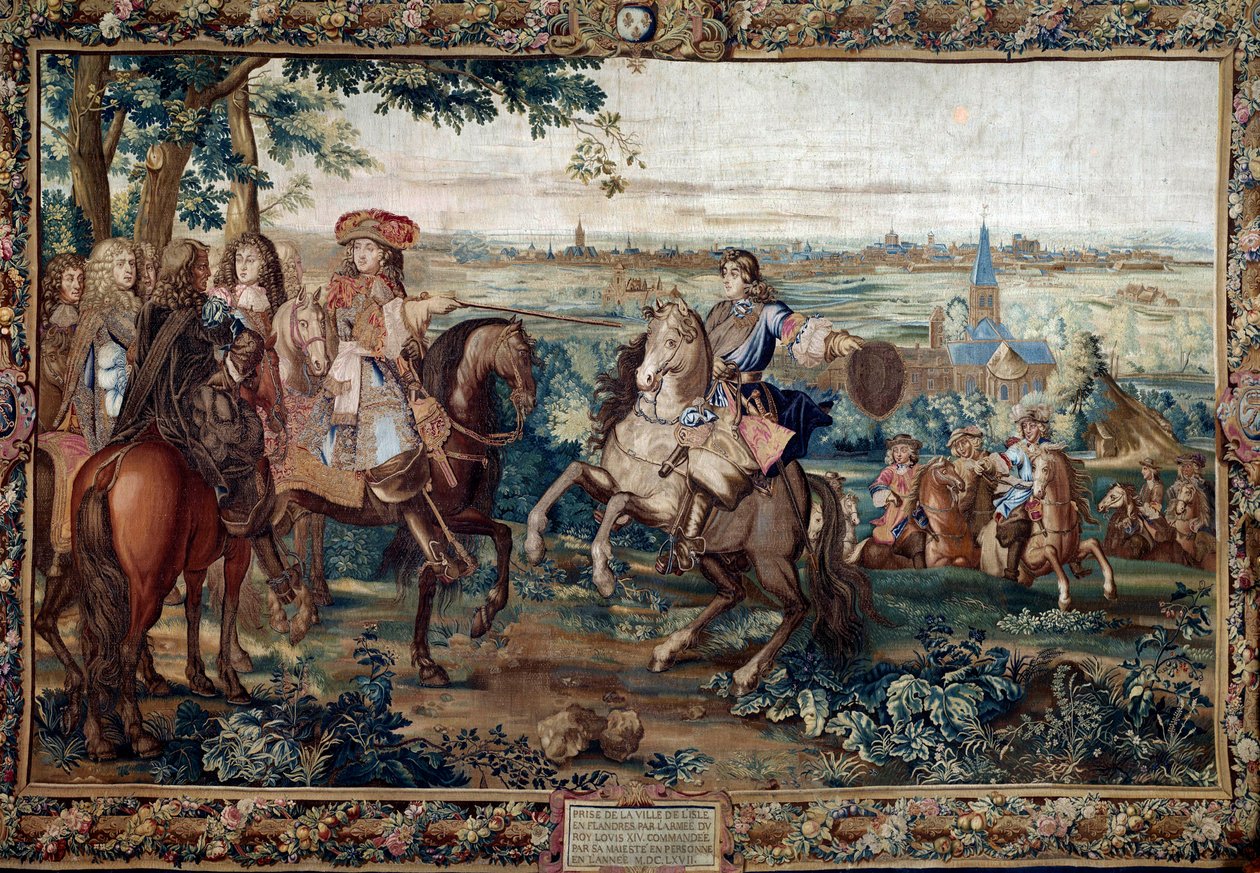 Continuação da Histoire du Roi: “” Captura de Lille por Luís XIV, agosto de 1667 após o papelão de Santo André. Pintura realizada pela oficina de Jean Mozin (século XVII) na fábrica dos Gobelins. Escurecer. 3,7x5,5m. Versalhes, museu do castelo de Jean (workshop) Mozin