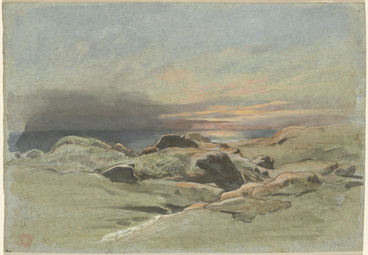 Pôr do sol de um litoral rochoso de Jean Achille Benouville