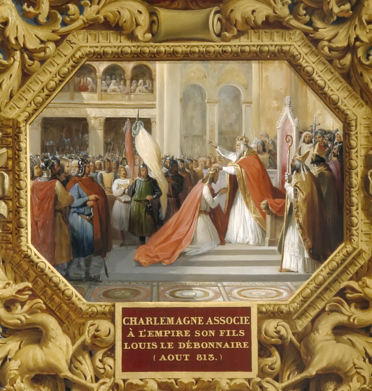 Carlos Magno coroa seu filho Luís, o Pio, em 813 de Jean Alaux