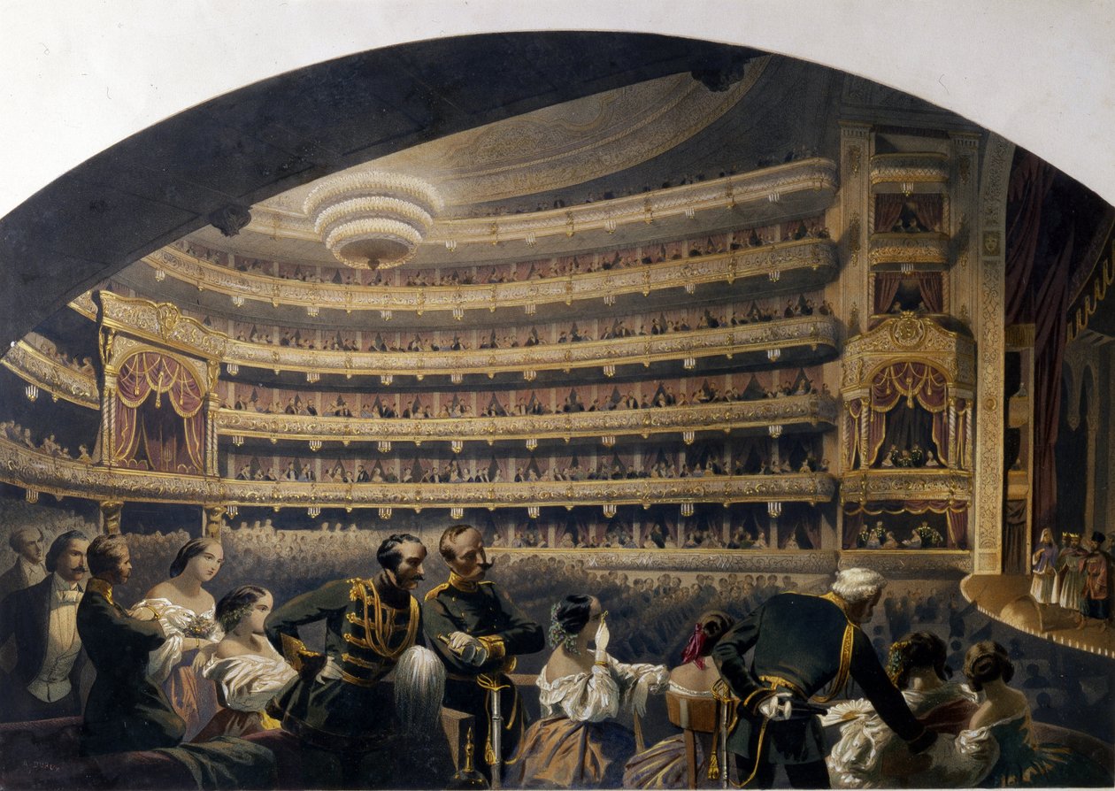 O público em uma caixa no Teatro Bolshoi (Moscou, Rússia). (Público em uma caixa do Teatro Bolshoi). Obra de Jean Alexandre Duruy (século XIX), litografia, início do século XIX, arte francesa, classicismo. Museu Estadual de Teatro e Arte Musical, Saint Pe de Jean Alexandre Duruy