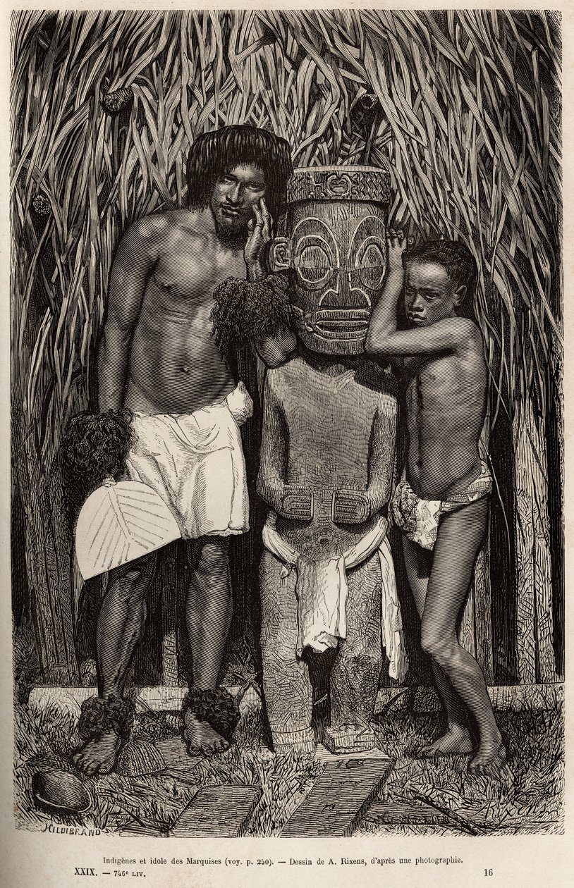 Um habitante da ilha Hiva- Oa (Hiva Oa) e seu filho, rodeando um ídolo esculpido em madeira representando o deus Tiki, no arquipélago das Ilhas Marquesas, gravado após um desenho de A.Rixens ilustrando as memórias do Pacífico, em 1872-1874, por de Jean Andre Rixens