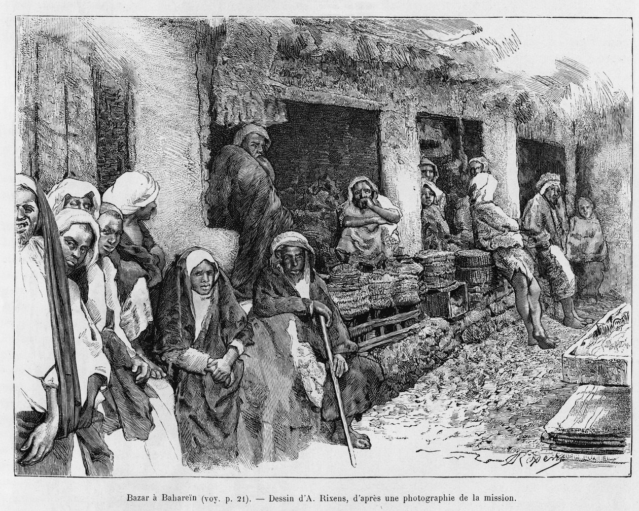 Bazar a Bahrein, Chade. Gravado por A.Rixens para ilustrar a história A Suse, journal des excavilles de Jean Andre Rixens