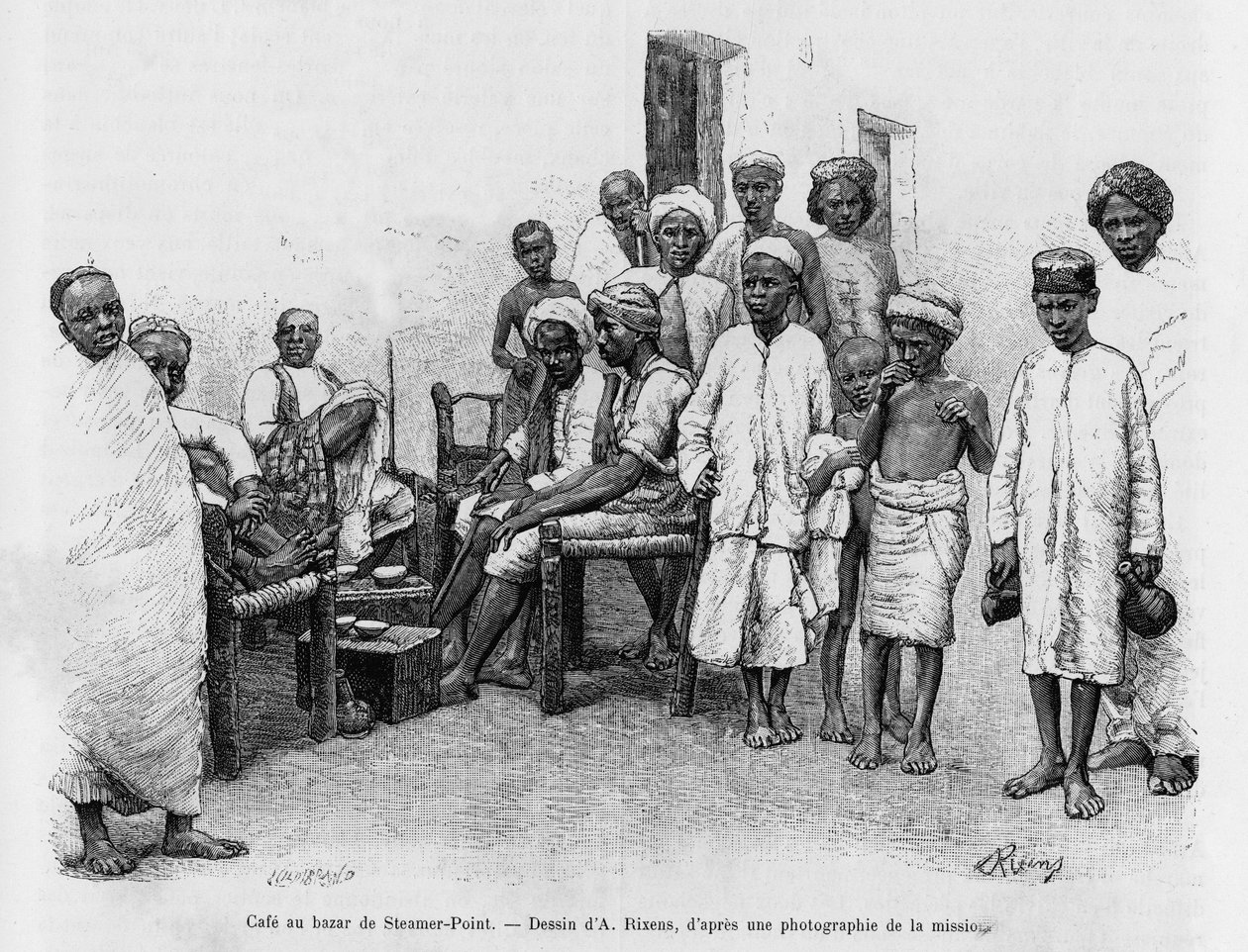 Café no Steamer Point Bazaar, Aden, Iémen. Gravura de A. Rixens para ilustrar a história A Suse, journal des excavilles de Jean Andre Rixens