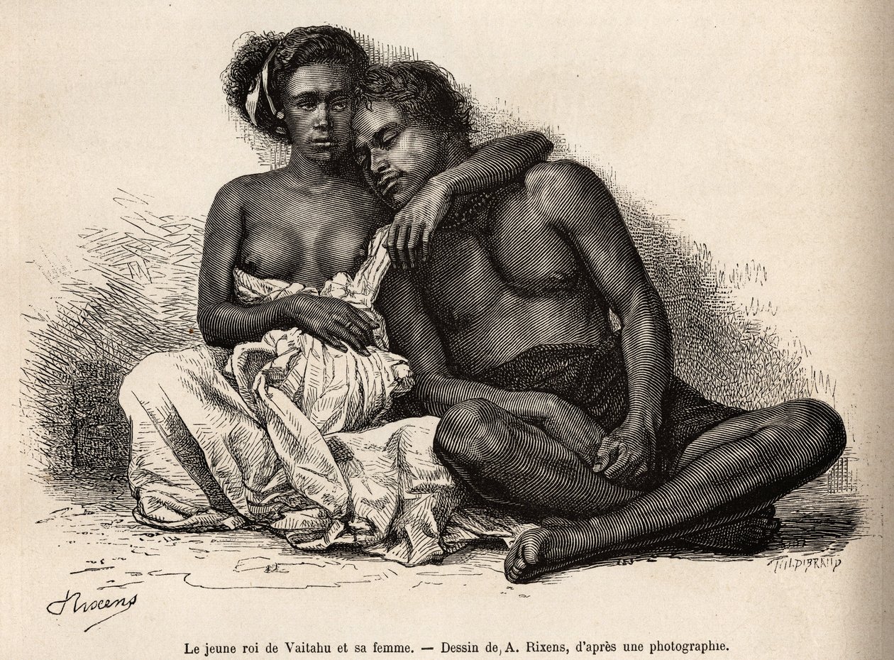 O jovem rei de Vaitatu, na ilha de Tauata, no arquipélago das Ilhas Marquesas, rodeia-se dos braços da sua esposa, gravado após um desenho de A. Rixens ilustrando as memórias do Pacífico, em 1872-1874, por A. Pailhes, um navio de de Jean Andre Rixens