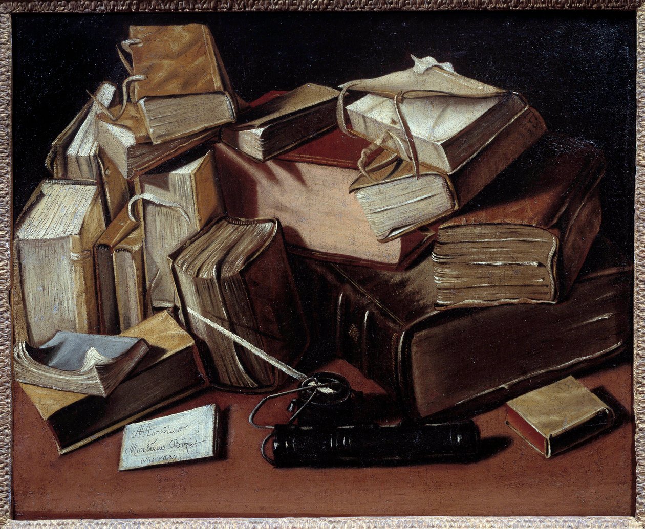 Natureza Morta com Pintura de Livros de Jean Andreas Biset (1672-ca. 1710). Bourg en Bresse, Musee de Breu - Natureza Morta com livros. Pintura de Jean Andreas Biset (1672-ca.1710). Museu Breu, Bourg en Bresse, França de Jean Andreas Biset