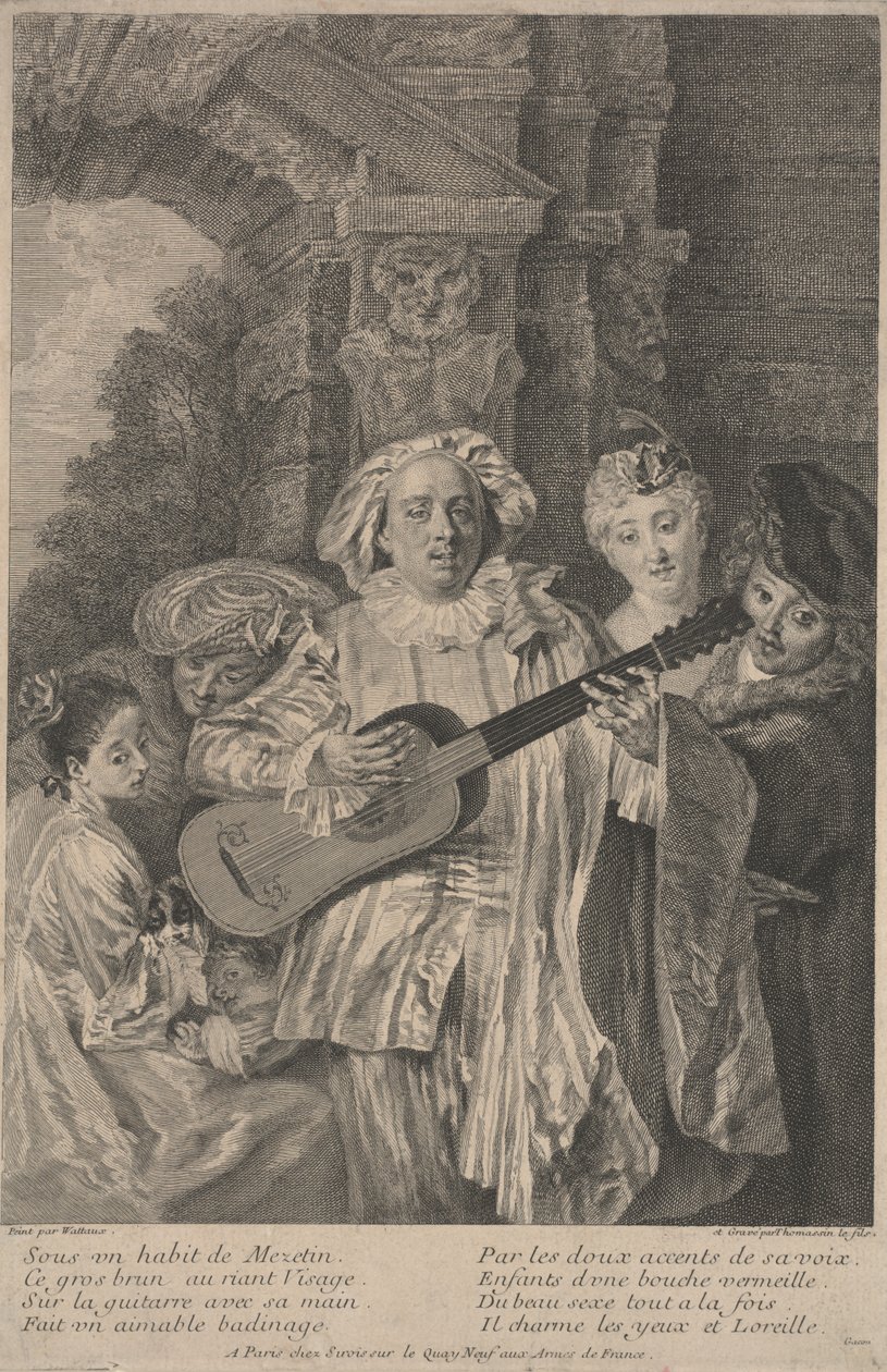 No Traje de Mezetina, impressão feita por Henri Simon Thomassin c.1717-1726 (gravura) de Jean Antoine (after) Watteau