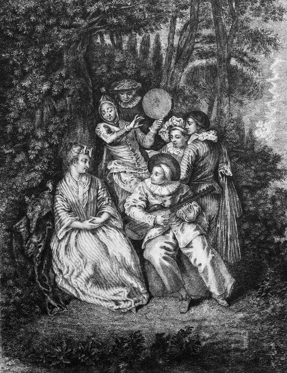 A Serenata Italiana gravada por Gerard Jean Baptiste Scotin (1671-1716), depois de Watteau- de Jean Antoine (after) Watteau