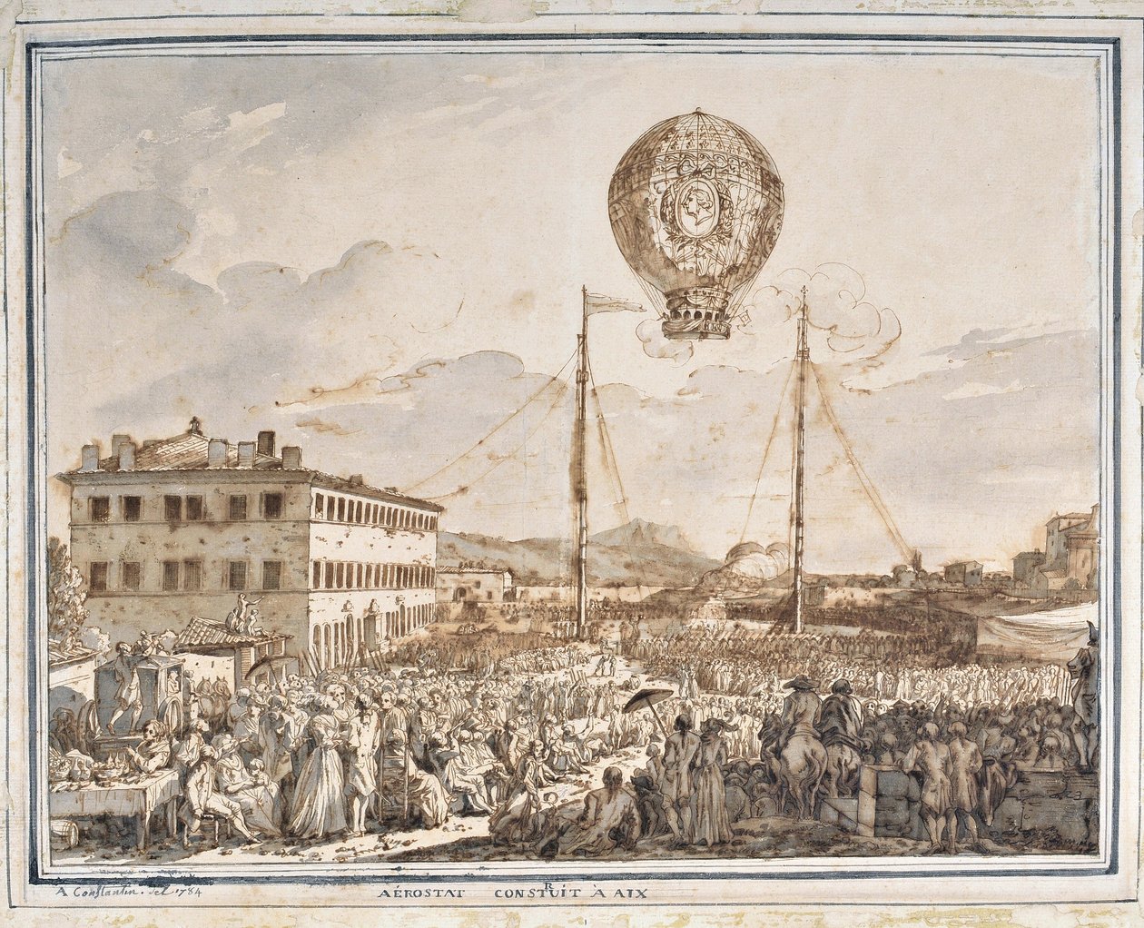 Aerostato construído em Aix. Um balão construído em Aix en provence. Desenho de Jean Antoine Constantin dit Constantine d