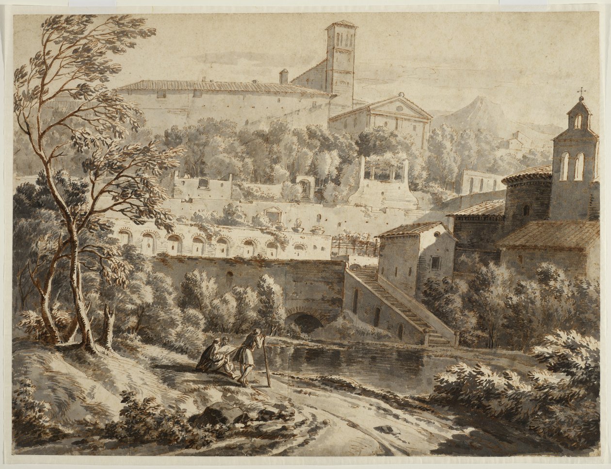 Um artista desenhando ao longo de uma margem do rio, abaixo de uma cidade italiana, c.1780 (tinta e papel lavado, vestígios de giz preto) de Jean Antoine Constantin