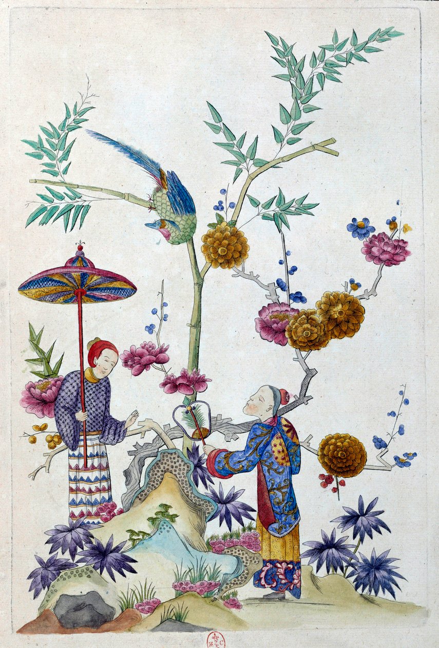 O desenho vem de um vaso chinês: casal em um jardim. Pintura de Jean Antoine Fraisse (século XVIII) de Jean Antoine Fraisse