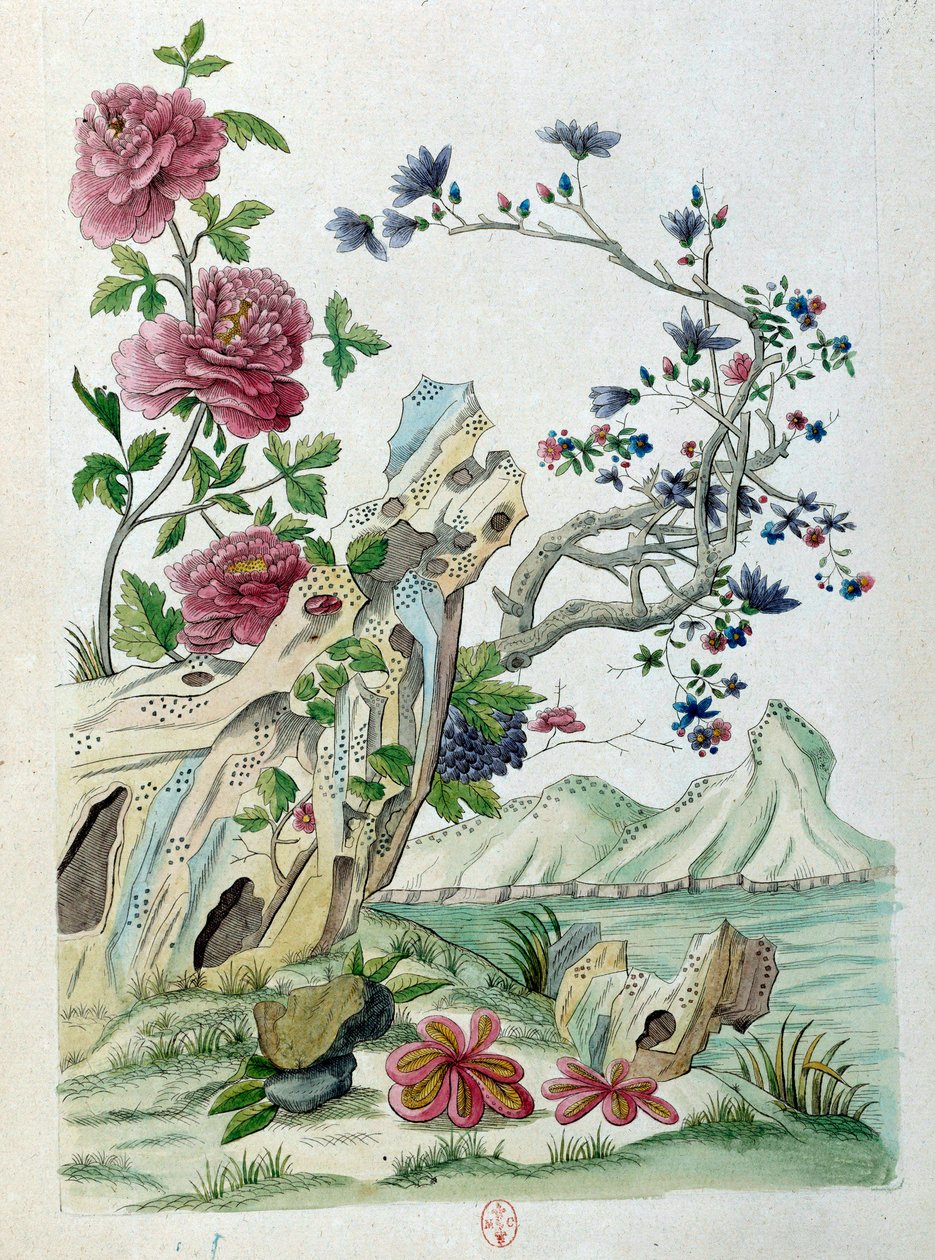 Desenho a partir de um vaso chinês: flores em uma paisagem. Pintura de Jean Antoine Fraisse (século XVIII) de Jean Antoine Fraisse