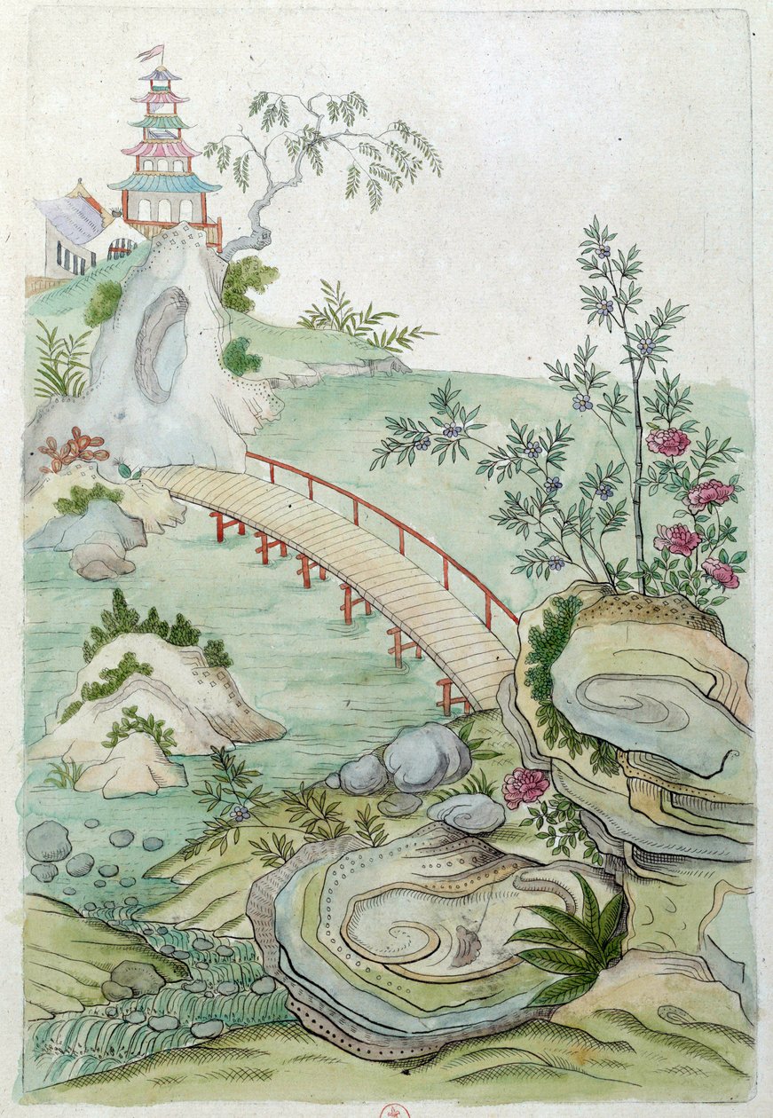 Desenho a partir de um vaso chinês: paisagem com ponte. Pintura de Jean Antoine Fraisse (século XVIII) de Jean Antoine Fraisse