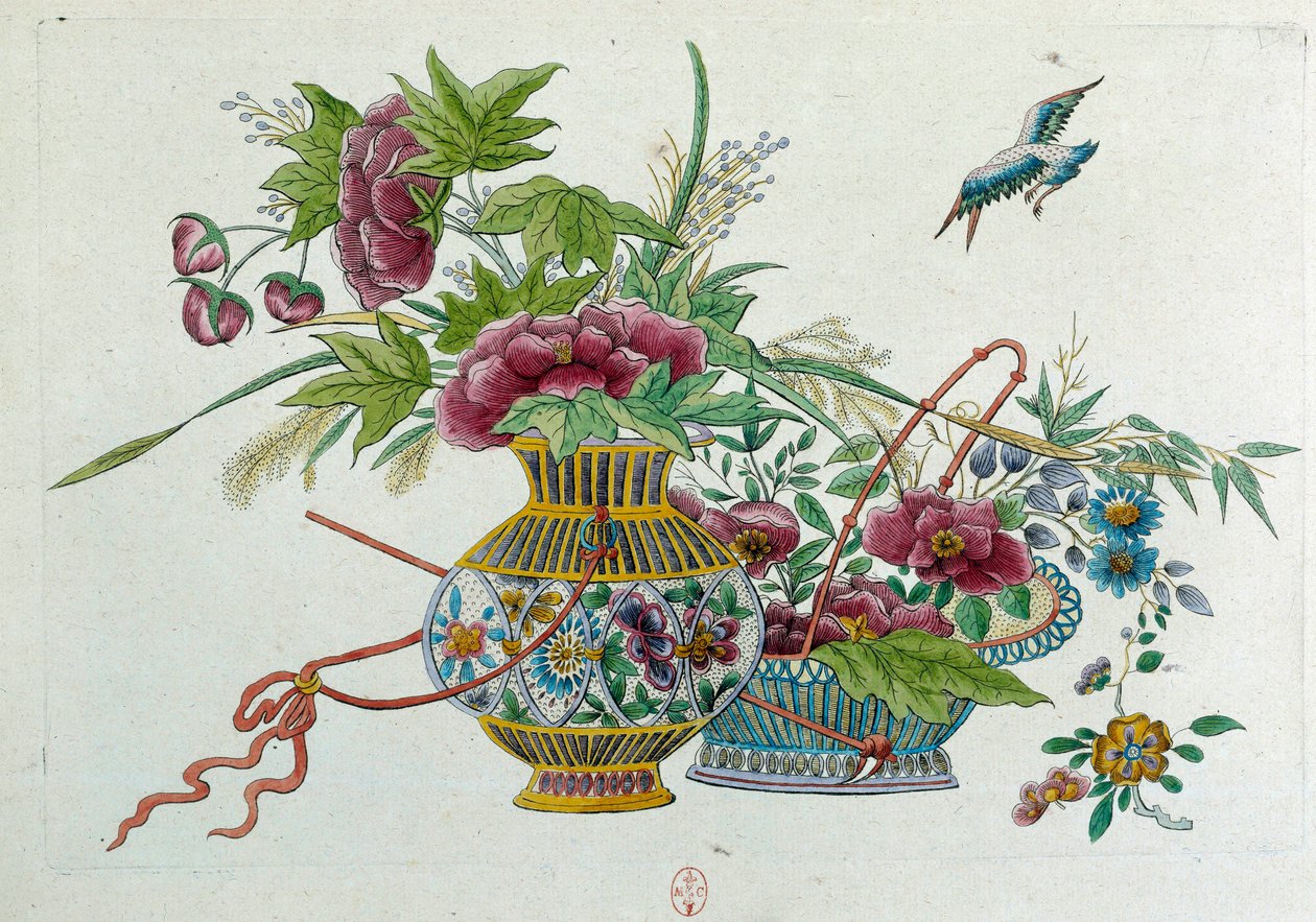 Flores num vaso. O desenho vem de uma jarra chinesa. Pintura de Jean Antoine Fraisse (século XVIII) de Jean Antoine Fraisse